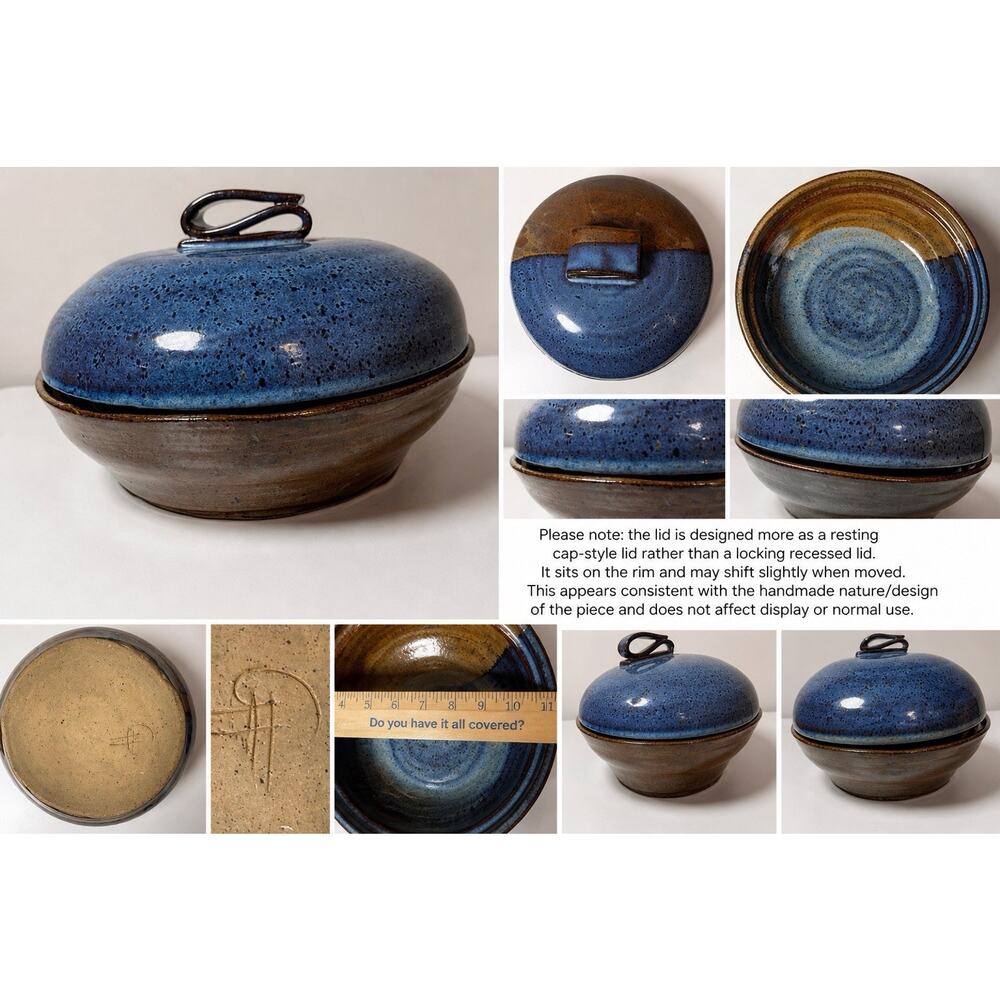 Vintage Studio Pottery Covered Serving Bowl Signed Blue Brown Glaze Artisan